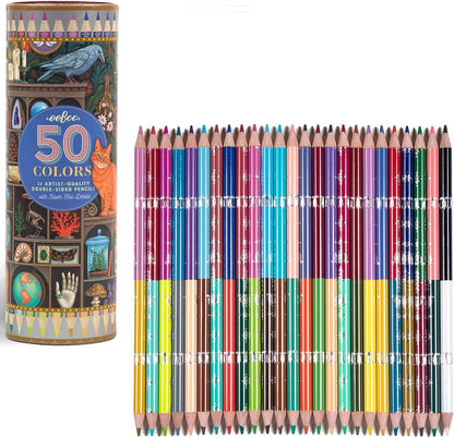 eeBoo Piece & Love: Double-Sided Colored Pencils -Alchemist’s Cabinet - 25pc, 50 Colors, Foil Design, Illustrated Storage Tube, Artist-Quality, Adults