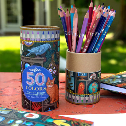 eeBoo Piece & Love: Double-Sided Colored Pencils -Alchemist’s Cabinet - 25pc, 50 Colors, Foil Design, Illustrated Storage Tube, Artist-Quality, Adults