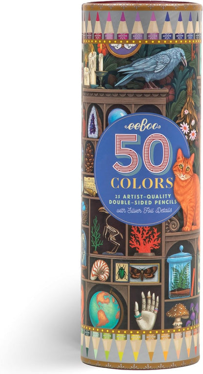 eeBoo Piece & Love: Double-Sided Colored Pencils -Alchemist’s Cabinet - 25pc, 50 Colors, Foil Design, Illustrated Storage Tube, Artist-Quality, Adults