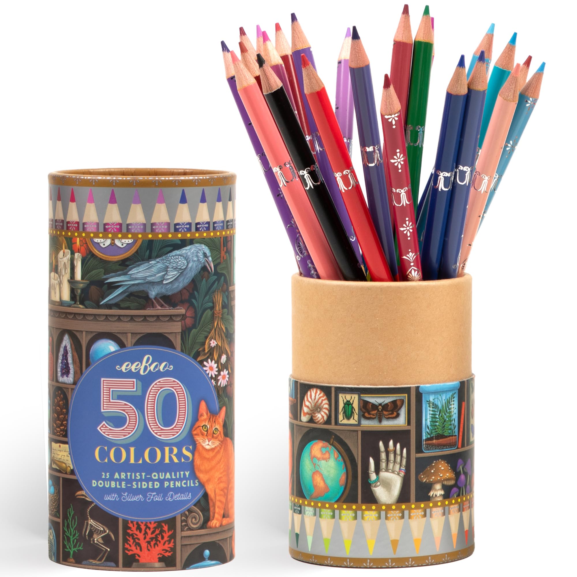eeBoo Piece & Love: Double-Sided Colored Pencils -Alchemist’s Cabinet - 25pc, 50 Colors, Foil Design, Illustrated Storage Tube, Artist-Quality, Adults