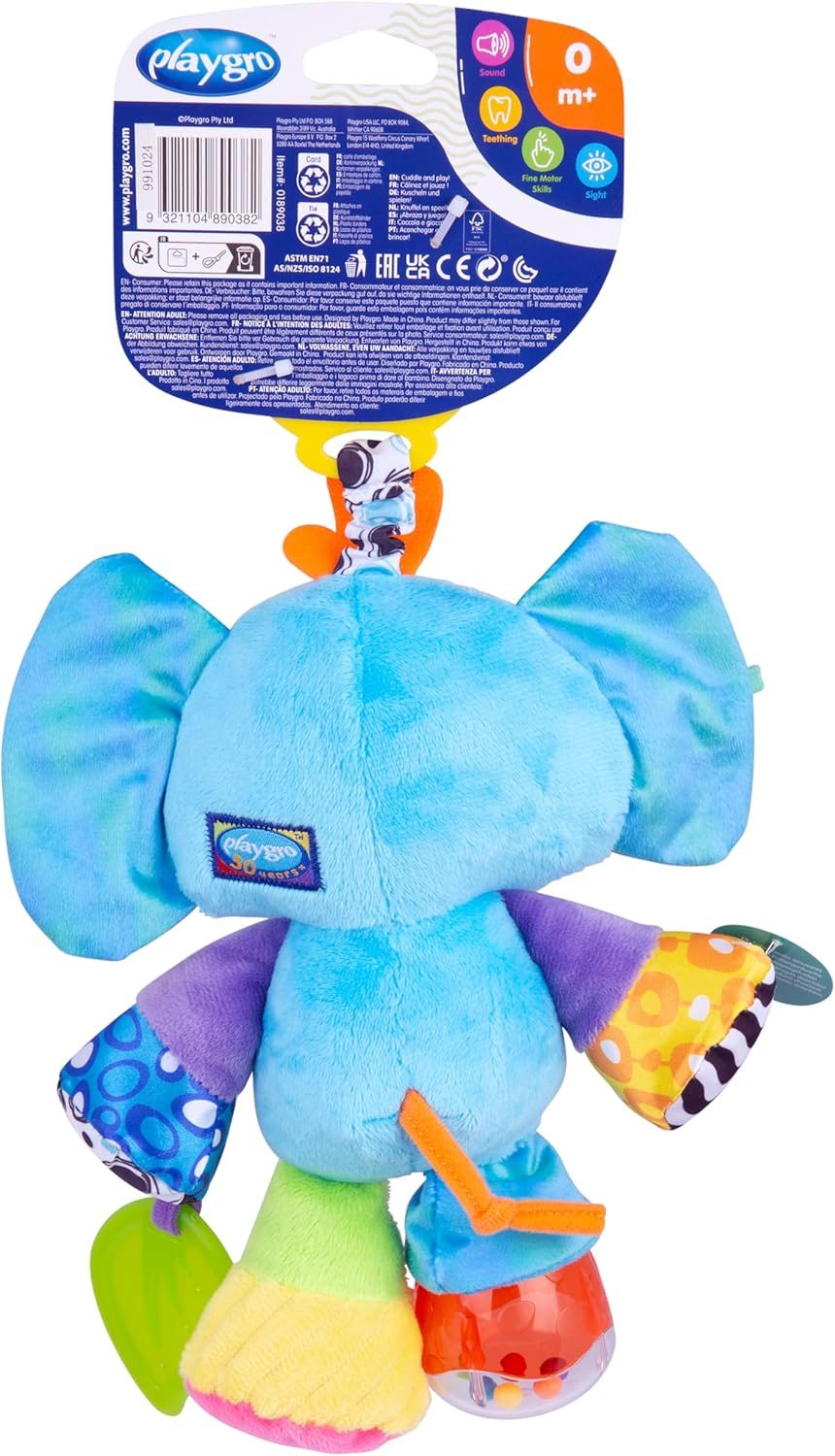 Playgro Activity Friend Elly Elephant, Toy for Babies, 0+ Months, Multisensory Toy for Infants, Learning and Stimulation