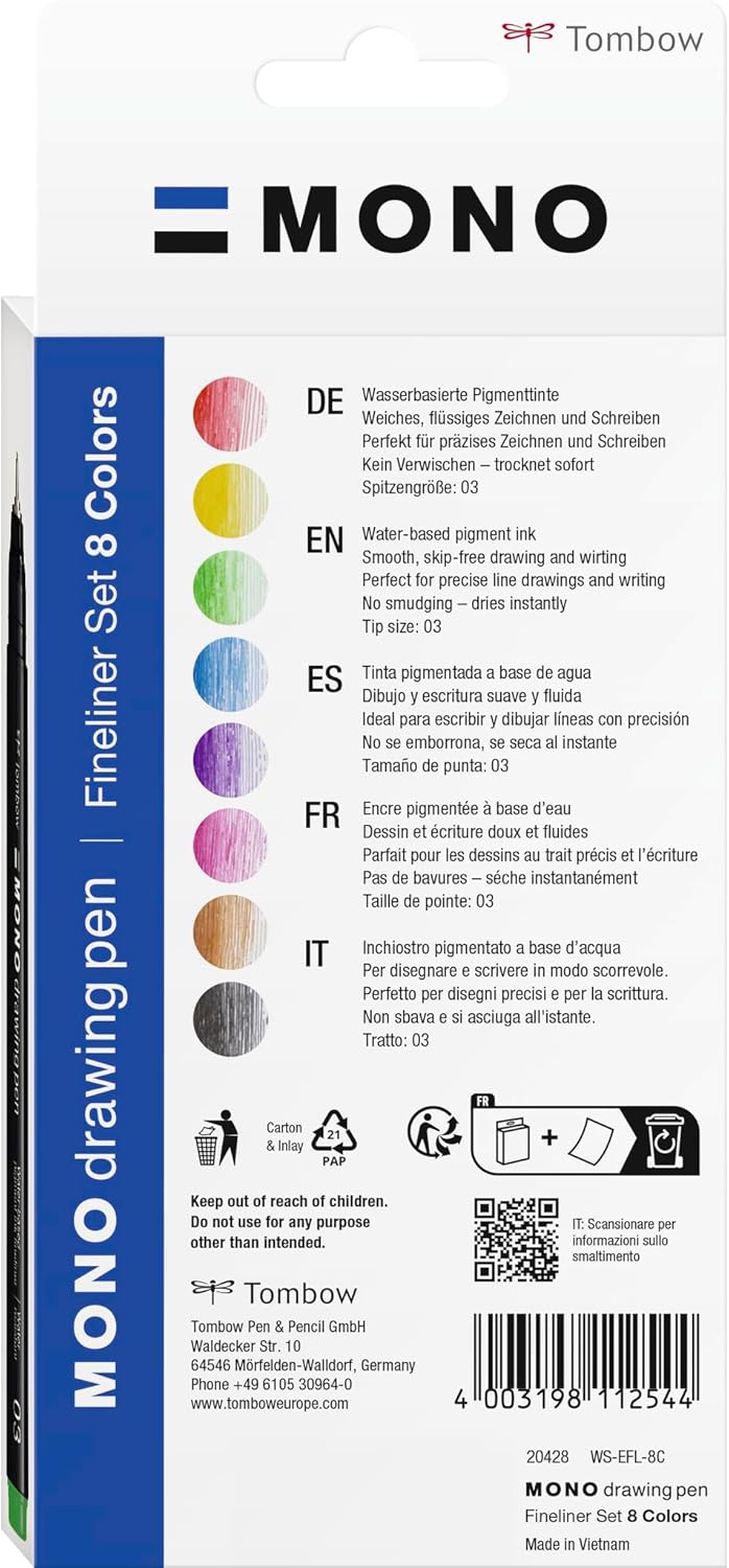 Tombow Fineliner Mono Drawing Pen 03 Set, 8Pcs