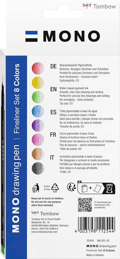 Tombow Fineliner Mono Drawing Pen 03 Set, 8Pcs