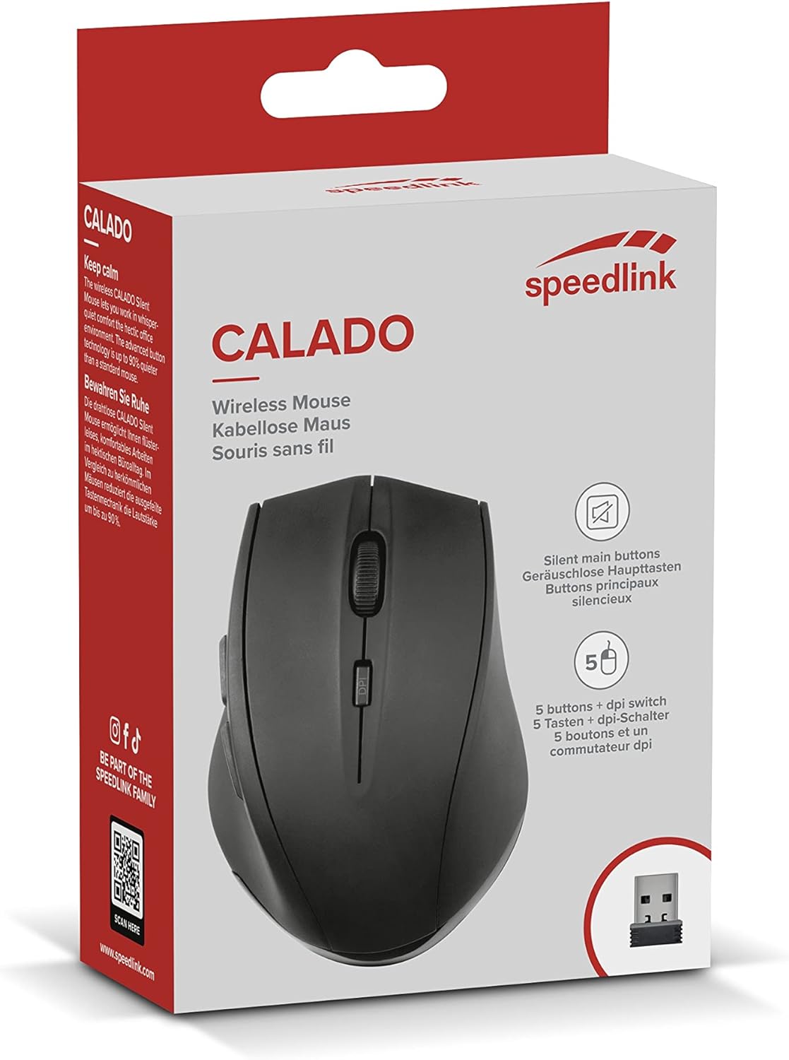 Speedlink Calado Silent Mouse SL-6343-RRBK, Wireless USB, 1600 DPI, 4GHZ Wireless Technology, Black