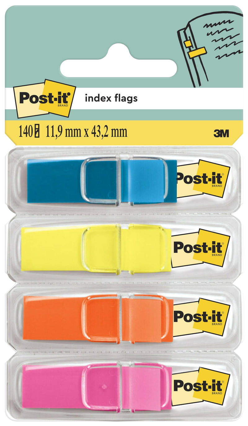 Post-it Index Segnapagina Piccoli, 4 dispenser, 140 segnapagina (11.9 x 43.2 mm) arancione, blu, giallo e rosa, per contrassegnare, evidenziare o codificare a colori le informazioni importanti