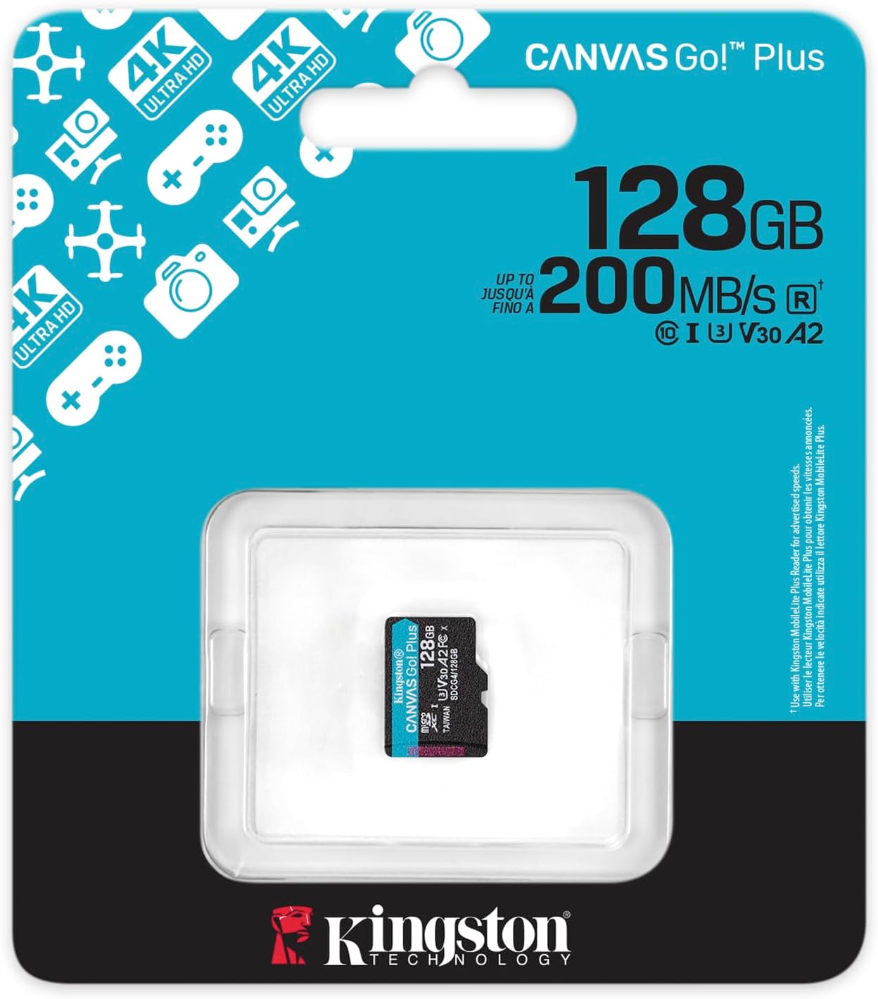 Kingston Canvas Go Plus microSDXC Scheda Di Memoria Gen4 200MB/s A2 U3 V30 128GB Confezione Singola Senza Adattatore-SDCG4/128GBSP