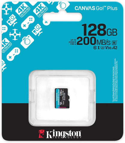 Kingston Canvas Go Plus microSDXC Scheda Di Memoria Gen4 200MB/s A2 U3 V30 128GB Confezione Singola Senza Adattatore-SDCG4/128GBSP