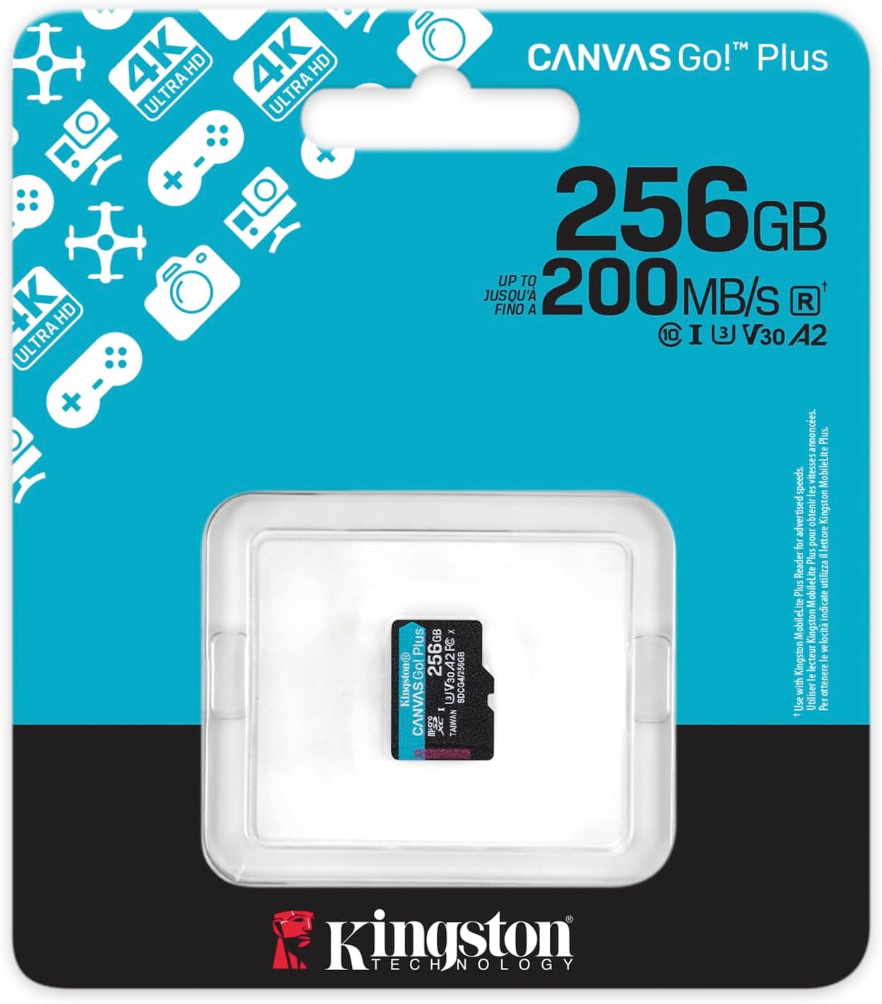 Kingston Canvas Go Plus microSDXC Scheda Di Memoria Gen4 200MB/s A2 U3 V30 256GB Confezione Singola Senza Adattatore-SDCG4/256GBSP
