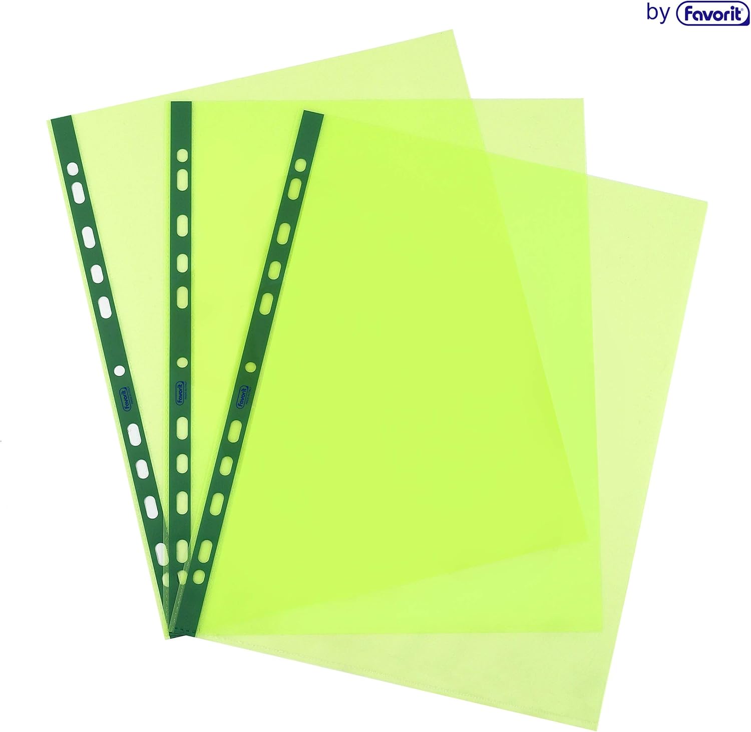 Favorit Buste Perforate, Lucide, Alto Spessore, 22 x 30 cm, 25 Pezzi, Trasparenti color Verde pastello con Banda Colorata in Tinta