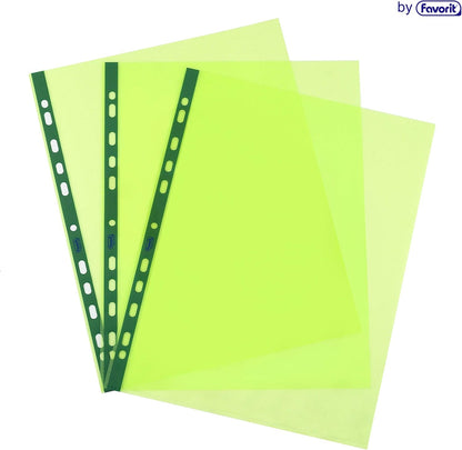 Favorit Buste Perforate, Lucide, Alto Spessore, 22 x 30 cm, 25 Pezzi, Trasparenti color Verde pastello con Banda Colorata in Tinta