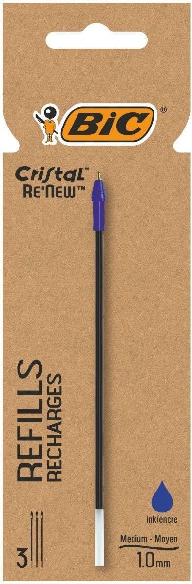 Re'New BIC Cristal Ballpoint Pen Refills Medium Point Blue Ink Pack of 3