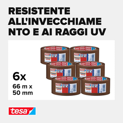 tesapack 4024 Nastro universale per pacchi in PP, srotolamento silenzioso, resistente agli agenti atmosferici e all'invecchiamento Marrone, 66 m x 5 cm ciascuno, confezione da 6 pezzi