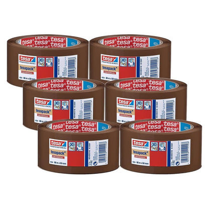 tesapack 4024 Nastro universale per pacchi in PP, srotolamento silenzioso, resistente agli agenti atmosferici e all'invecchiamento Marrone, 66 m x 5 cm ciascuno, confezione da 6 pezzi
