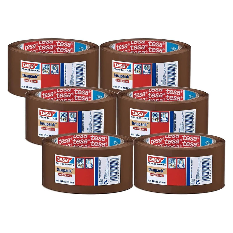 tesapack 4024 Nastro universale per pacchi in PP, srotolamento silenzioso, resistente agli agenti atmosferici e all'invecchiamento Marrone, 66 m x 5 cm ciascuno, confezione da 6 pezzi