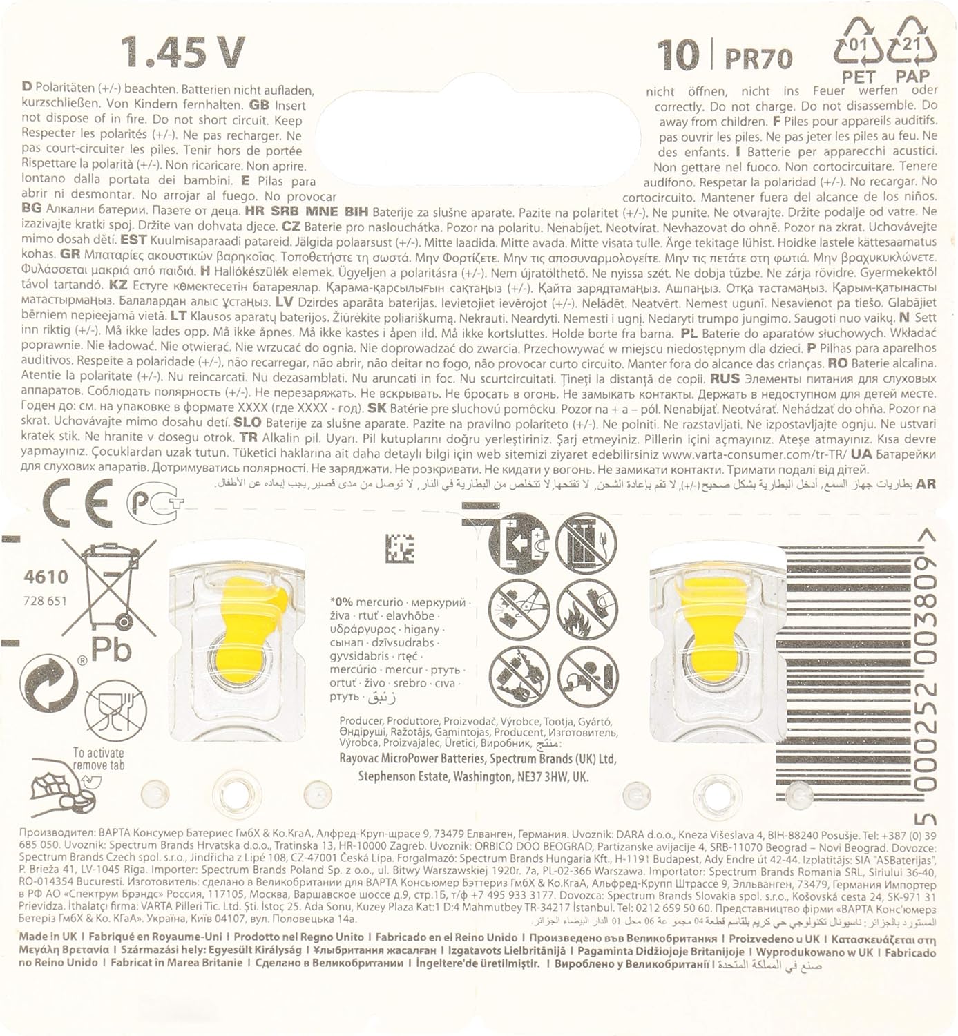 Luft-Batterie Pr70 1.4 V 8-Blister-Rayovac