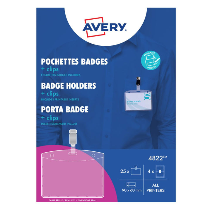 Avery 4822 Kit Portabadge con Clip, Senza PVC, Trasparente, 25 Pezzi