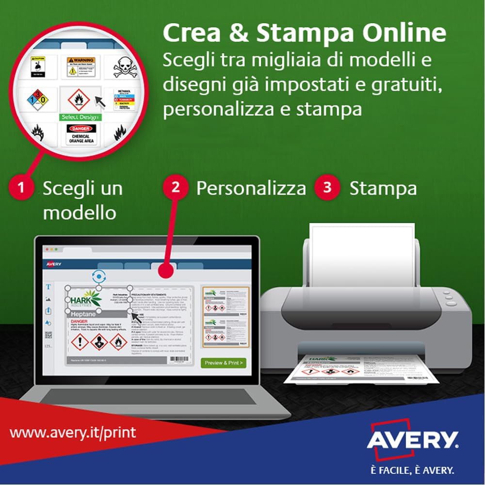 Avery Italia L7063-20 Etichette adesive in poliestere bianco resistente, 20 fogli A4, rettangolari 99,1x38,1mm, 14 etichette per foglio, adesivo permanente, stampanti laser