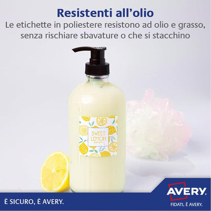 Avery Italia L7063-20 Etichette adesive in poliestere bianco resistente, 20 fogli A4, rettangolari 99,1x38,1mm, 14 etichette per foglio, adesivo permanente, stampanti laser