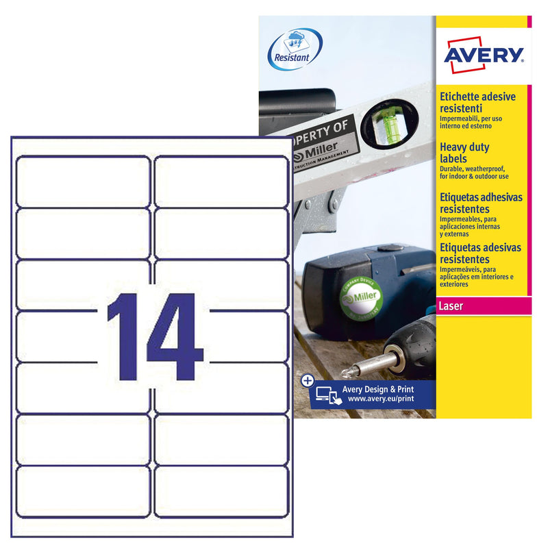 Avery Italia L7063-20 Etichette adesive in poliestere bianco resistente, 20 fogli A4, rettangolari 99,1x38,1mm, 14 etichette per foglio, adesivo permanente, stampanti laser