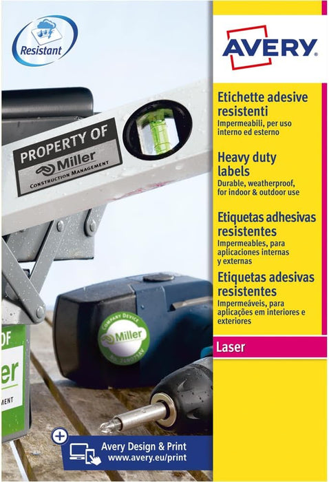 Avery Italia L7063-20 Etichette adesive in poliestere bianco resistente, 20 fogli A4, rettangolari 99,1x38,1mm, 14 etichette per foglio, adesivo permanente, stampanti laser