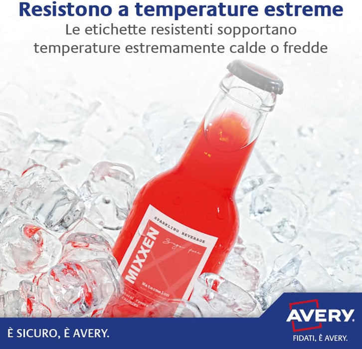 Avery Italia L7063-20 Etichette adesive in poliestere bianco resistente, 20 fogli A4, rettangolari 99,1x38,1mm, 14 etichette per foglio, adesivo permanente, stampanti laser