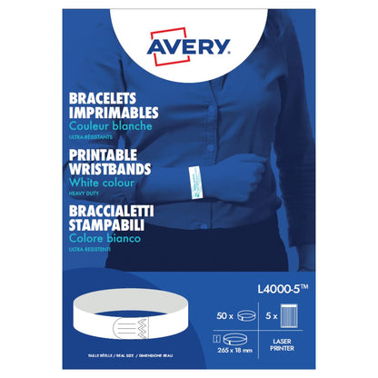 Avery Italia L4000-5 Braccialetti identificativi bianchi ultra resistenti 265x18mm, Laser, confezione 5ff