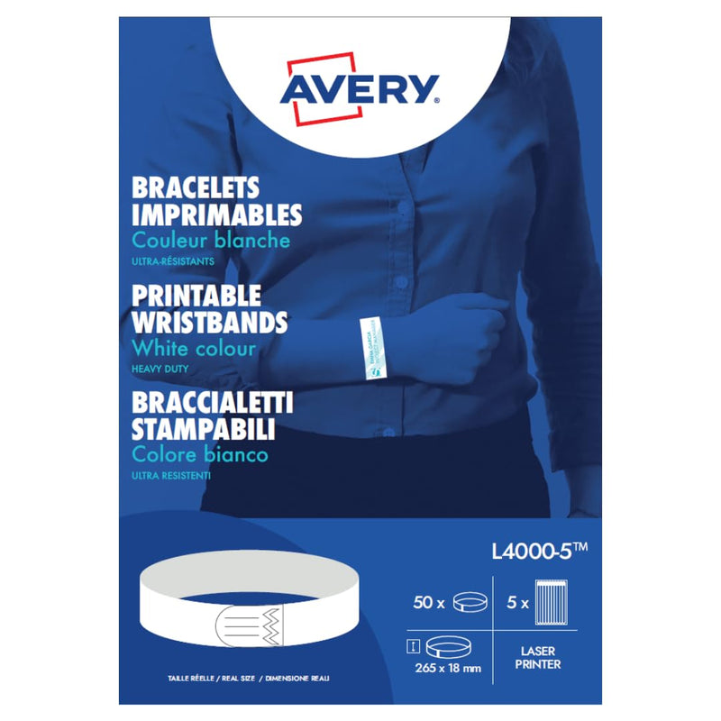 Avery Italia L4000-5 Braccialetti identificativi bianchi ultra resistenti 265x18mm, Laser, confezione 5ff
