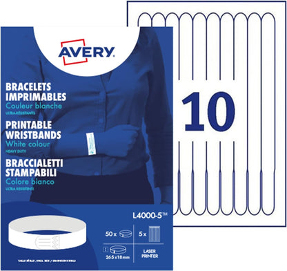Avery Italia L4000-5 Braccialetti identificativi bianchi ultra resistenti 265x18mm, Laser, confezione 5ff
