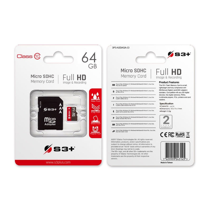 S3+ microSDXC Class-10 64GB with SD Adaptor