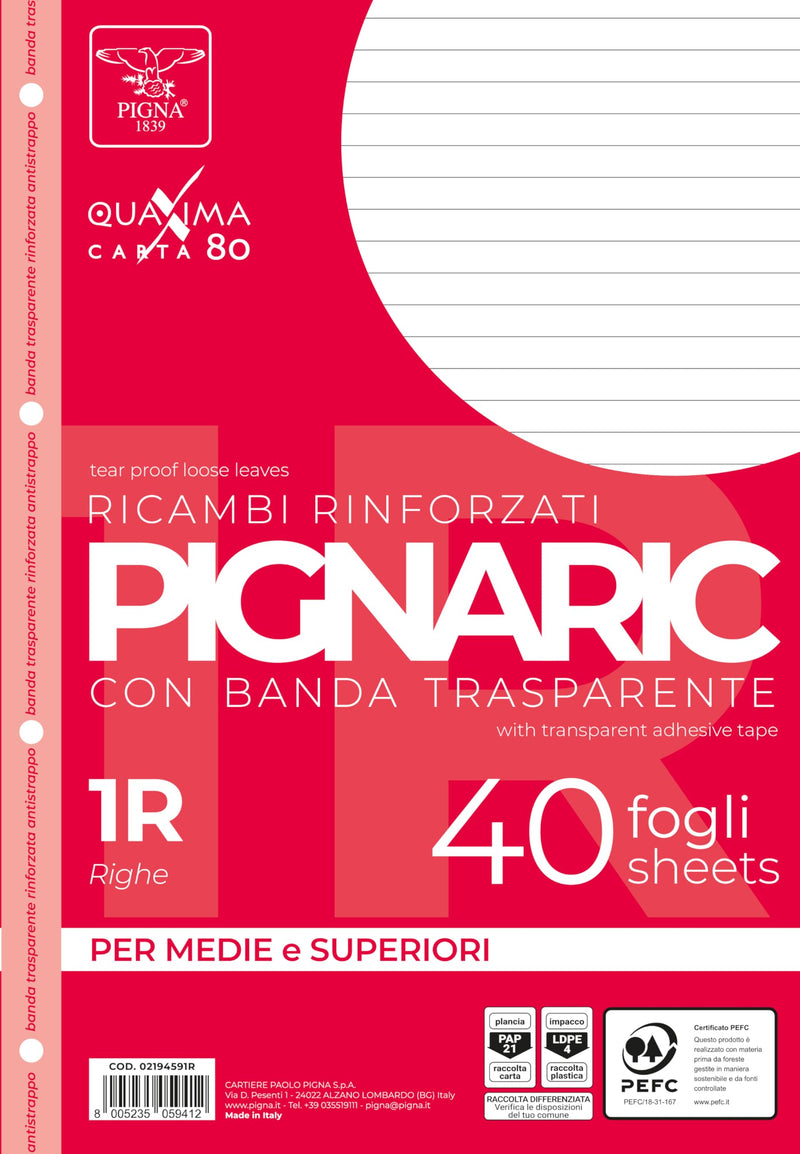 Pigna, Confezione da 40 Ricambi con 4 fori, archiviazione, banda laterale rinforzata, fogli con buchi rinforzati, Fogli f.to A4, 21x29,7, 1R, righe