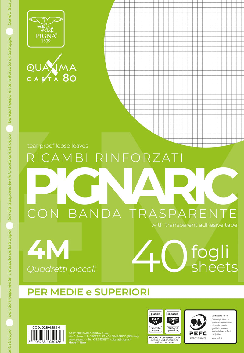 Pigna 02194594M, Ricambio con Banda Rinforzata, Rigatura 4M, quadretti 4 mm per 4° e 5° elementare medie e superiori, Carta 80g/mq, Pacco da 40 Fogli