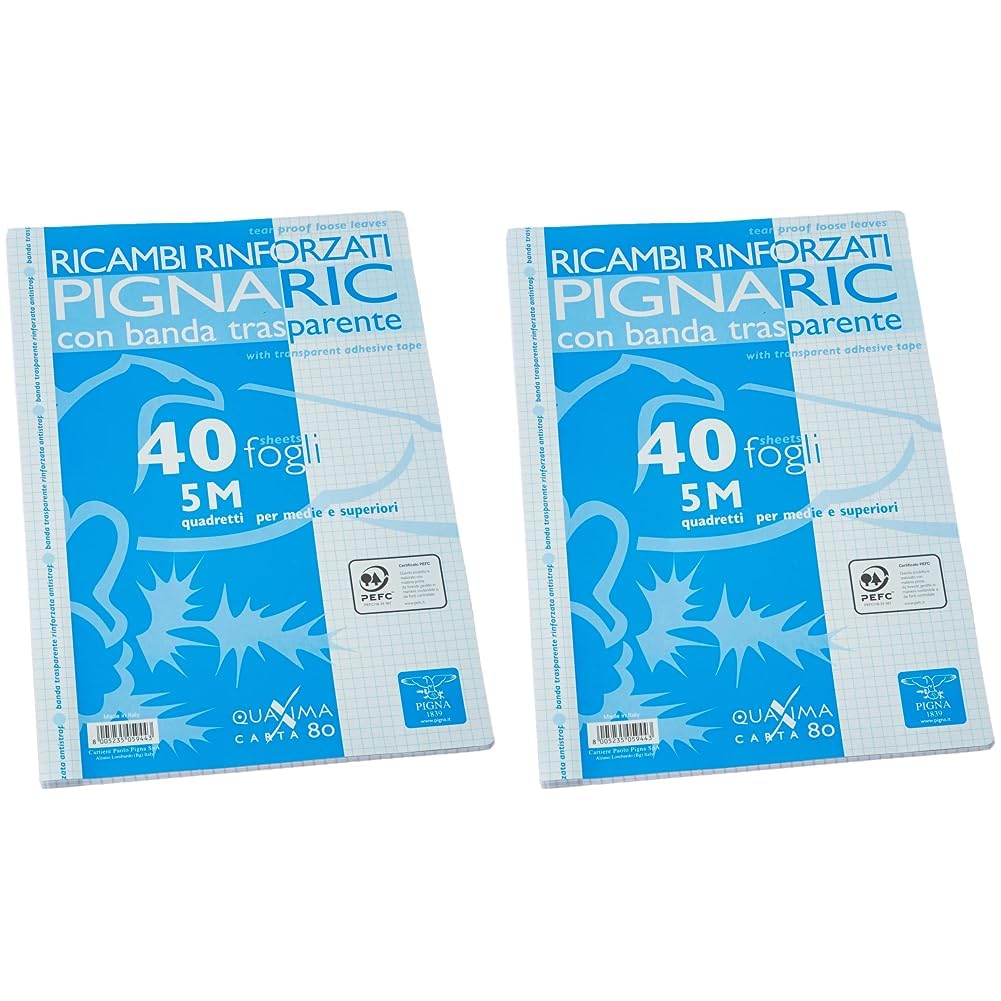 Pigna 02194595M, Ricambio con Banda Rinforzata, Rigatura 5M, quadretti 5 mm per medie e superiori, Carta 80g/mq, Pacco da 80 Fogli