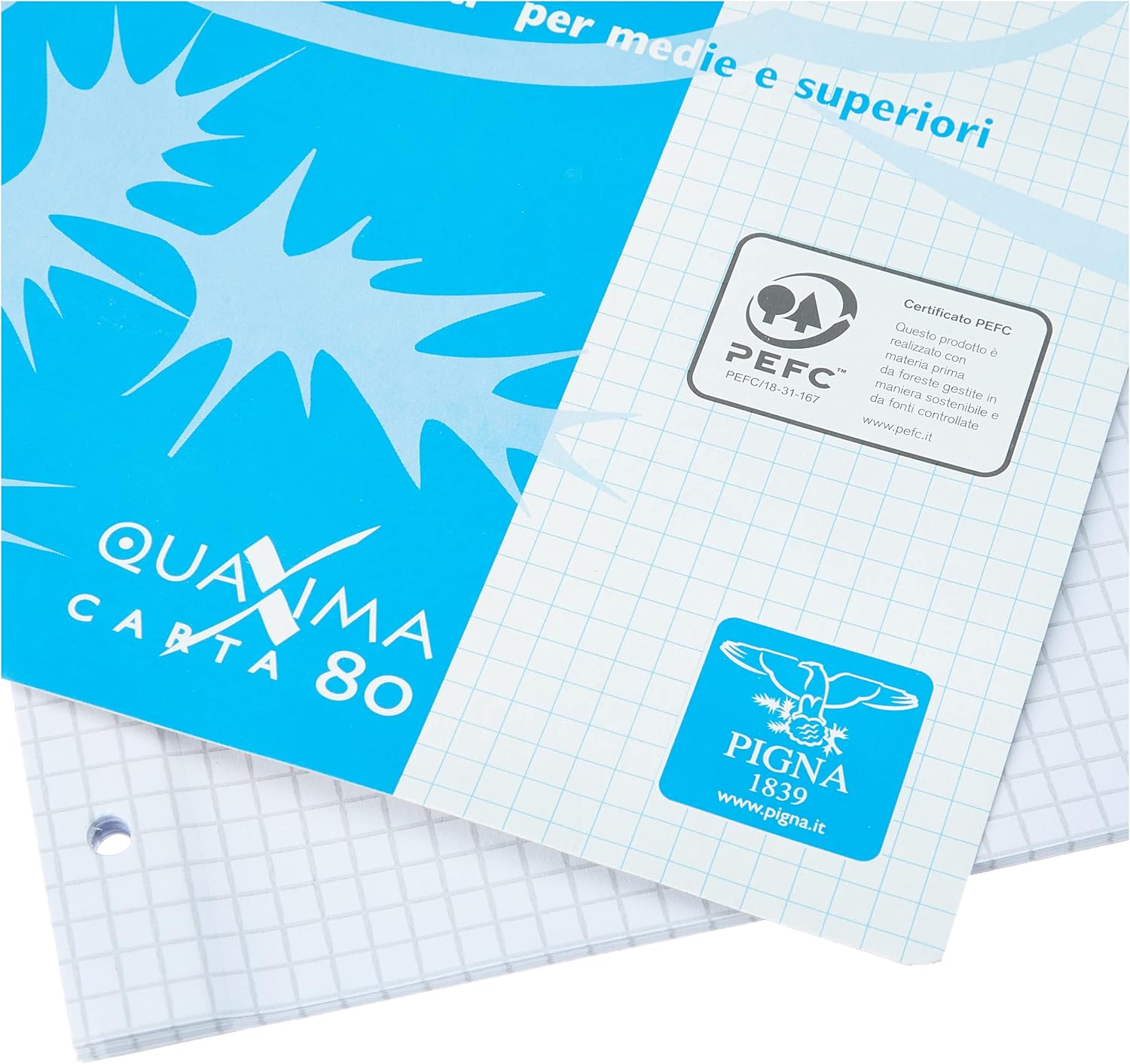 Pigna 02194595M, Ricambio con Banda Rinforzata, Rigatura 5M, quadretti 5 mm per medie e superiori, Carta 80g/mq, Pacco da 80 Fogli