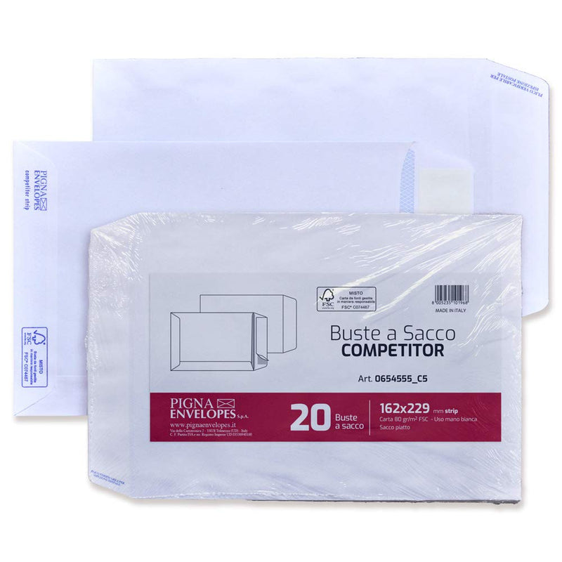 Pigna Competitor PK0654555 Pak. 20 - Buste a Sacco Piatto Strip F.To 162 x 229 in Carta Uso Mano Fsc 80 g