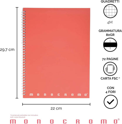 Pigna Quaderni Maxi Spiralati Monocromo, interno 4M, quadretti 4 mm., 4 fori e microperforazioni, Carta 80 g, Formato A4 22X29,7 cm. 5
