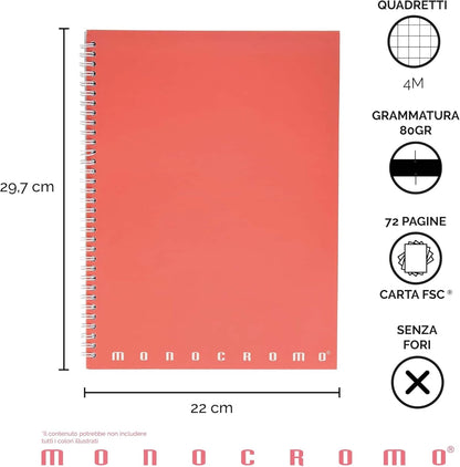 Pigna Quaderni Maxi Spiralati Monocromo, interno 4M, quadretti 4 mm., senza fori, con microperforazione, Carta 80 g, Formato A4 22X29,7 cm. 5