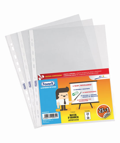 Favorit Buste Perforate, Buccia d'Arancia, Spessore Basso, 22 x 30 cm, 25 Pezzi + 1 Omaggio, Trasparenti