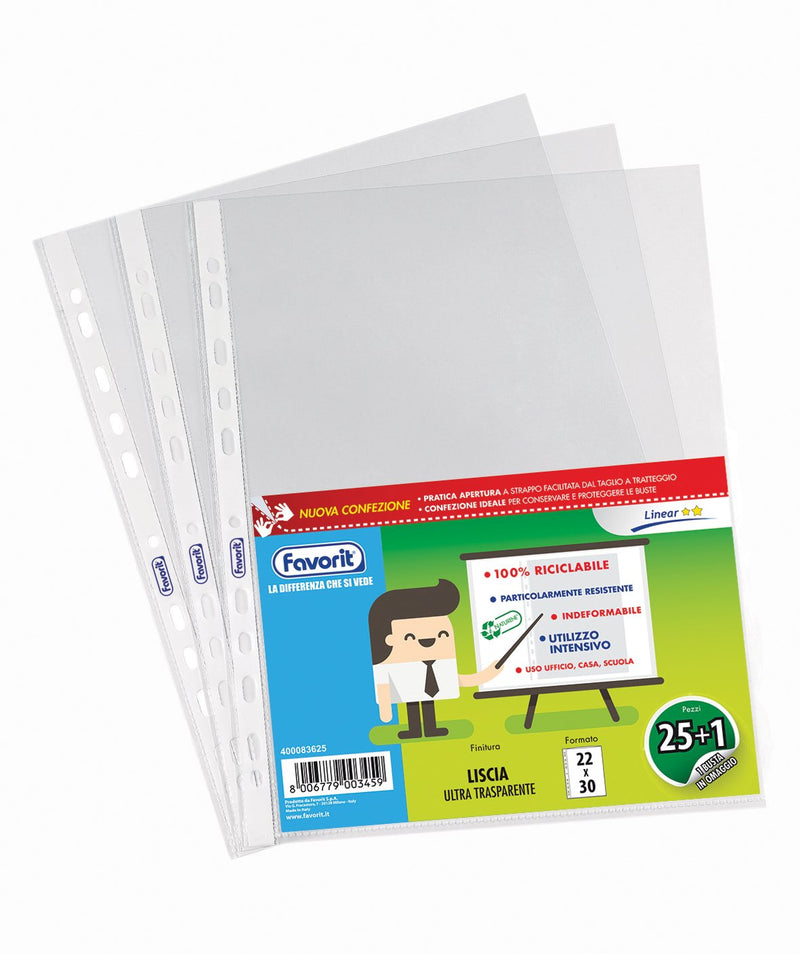 Favorit Buste Perforate, Lucide, Medio Spessore, 22 x 30 cm, 25 Pezzi +1 Omaggio, Trasparenti