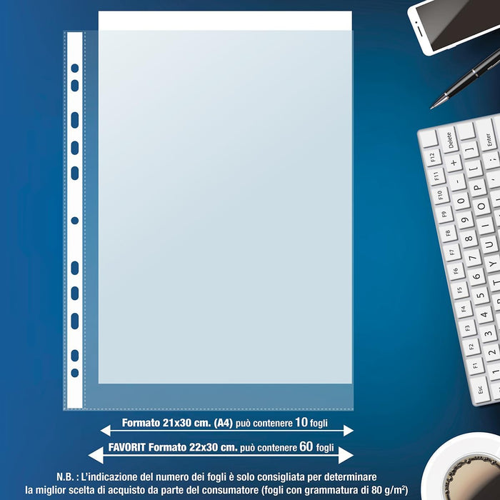 Favorit 100460121 Buste Foratura Universale, Formato Interno 22 x 30 cm, Finitura Liscia Ultra Trasparente, Possono Contenere Molti Fogli A4, Confezione da 25 Pezzi+1 Omaggio, Trasparenti