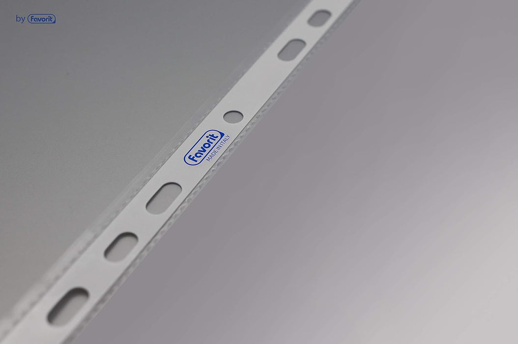 Favorit 100460121 Buste Foratura Universale, Formato Interno 22 x 30 cm, Finitura Liscia Ultra Trasparente, Possono Contenere Molti Fogli A4, Confezione da 25 Pezzi+1 Omaggio, Trasparenti