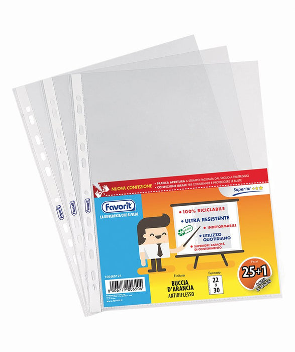 Favorit Buste Perforate, Buccia d'Arancia, Alto Spessore, 22 x 30 cm, 25 Pezzi + 1 Omaggio, Trasparenti