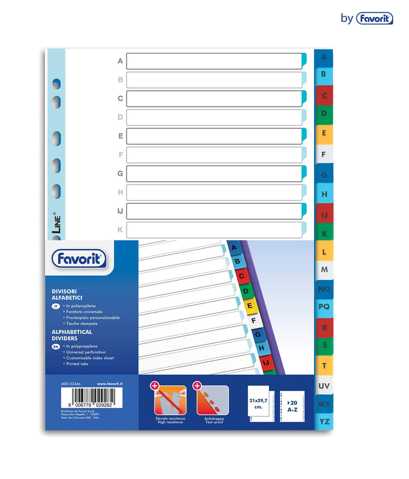 Favorit 400132466 Divisori a Foratura Universale per Raccoglitori ad Anelli con 20 Tacche Colorate A-Z, Formato Interno A4, in Polipropilene (Materia Plastica Atossica)