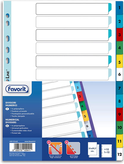Favorit 400132468 Divisori a Foratura Universale per Raccoglitori ad Anelli con 12 Tacche Colorate Numeriche (da 1 a 12), Formato Interno A4, in Polipropilene (Materia Plastica Atossica