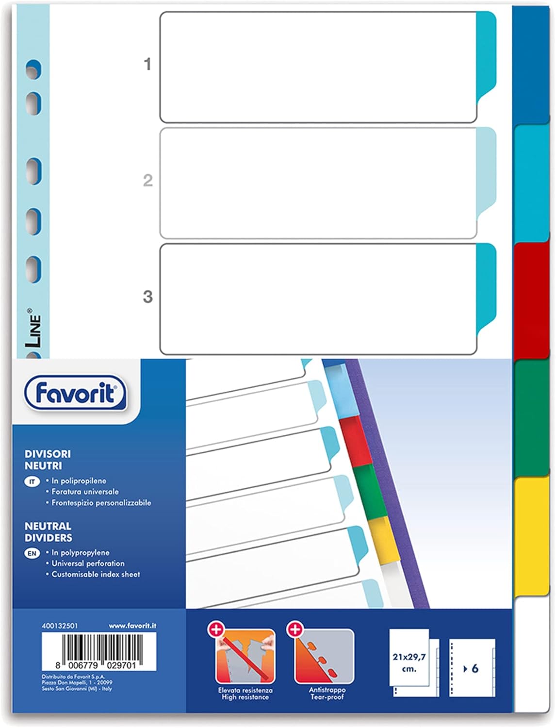 Favorit 400132501 Divisori con Foratura Universale per Raccoglitori ad Anelli con 6 Tacche Neutre Colorate, Formato Interno A4, in Polipropilene (Materia Plastica Atossica)