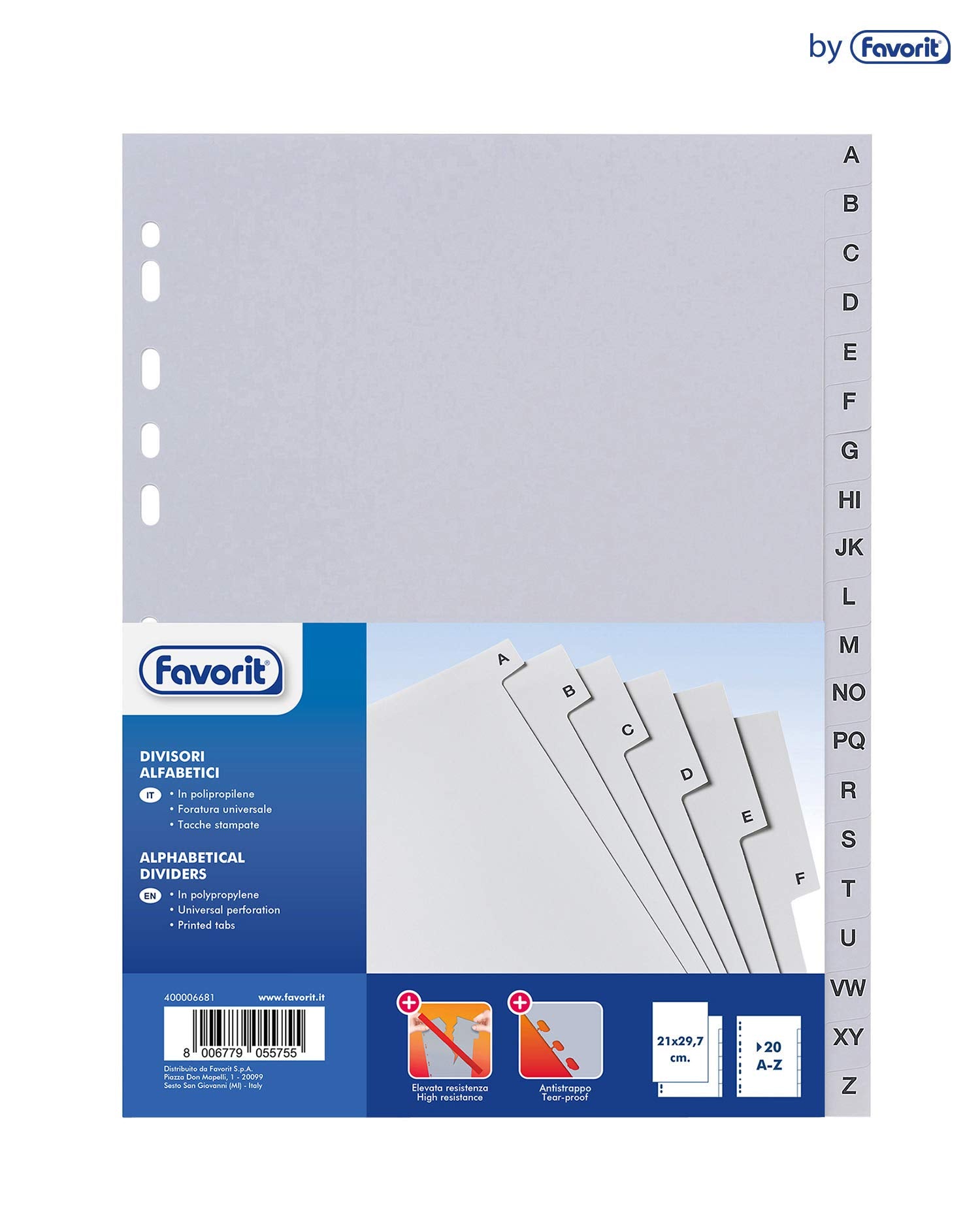 Favorit 400006681 - Divisori a Foratura Universale per Raccoglitori ad Anelli con 20 Tacche Alfabetiche Grigie A-Z, 29.7 x 21 cm, Bianco