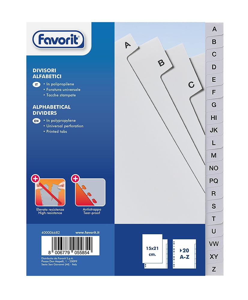 Favorit 400006647 - Divisori a Foratura Universale per Raccoglitori ad Anelli con 20 Tacche Alfabetiche Grigie A-Z, 14.8 x 21 cm, Bianco
