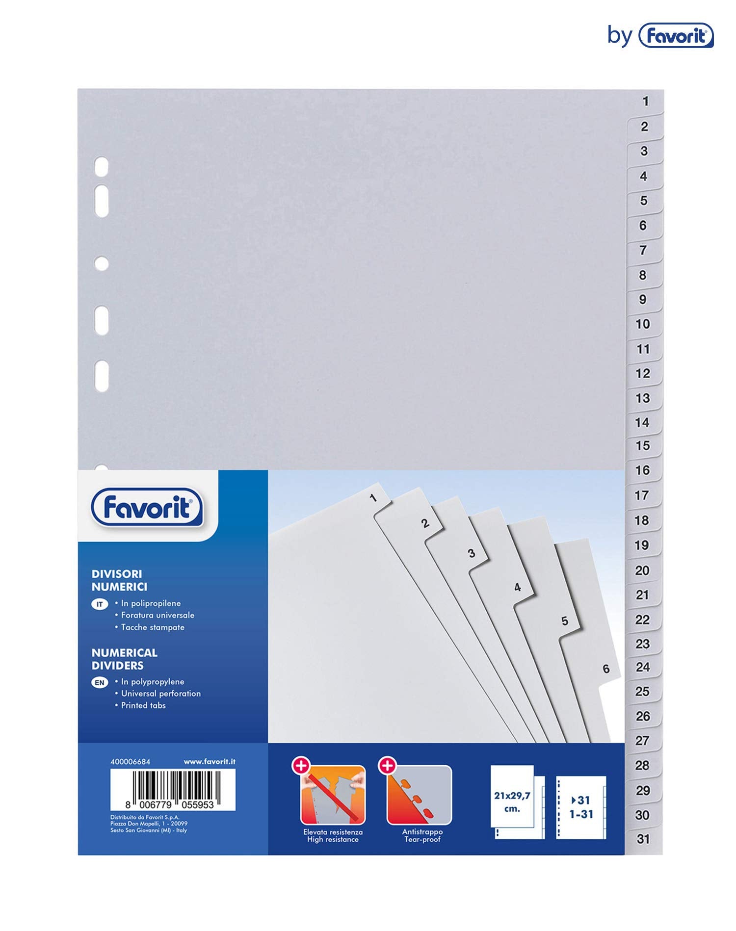 Favorit 400006684 Divisori a Foratura Universale per Raccoglitori ad Anelli con 31 Tacche Numeriche (da 1 a 31), Formato Interno A4, in Polipropilene (Materia Plastica Atossica