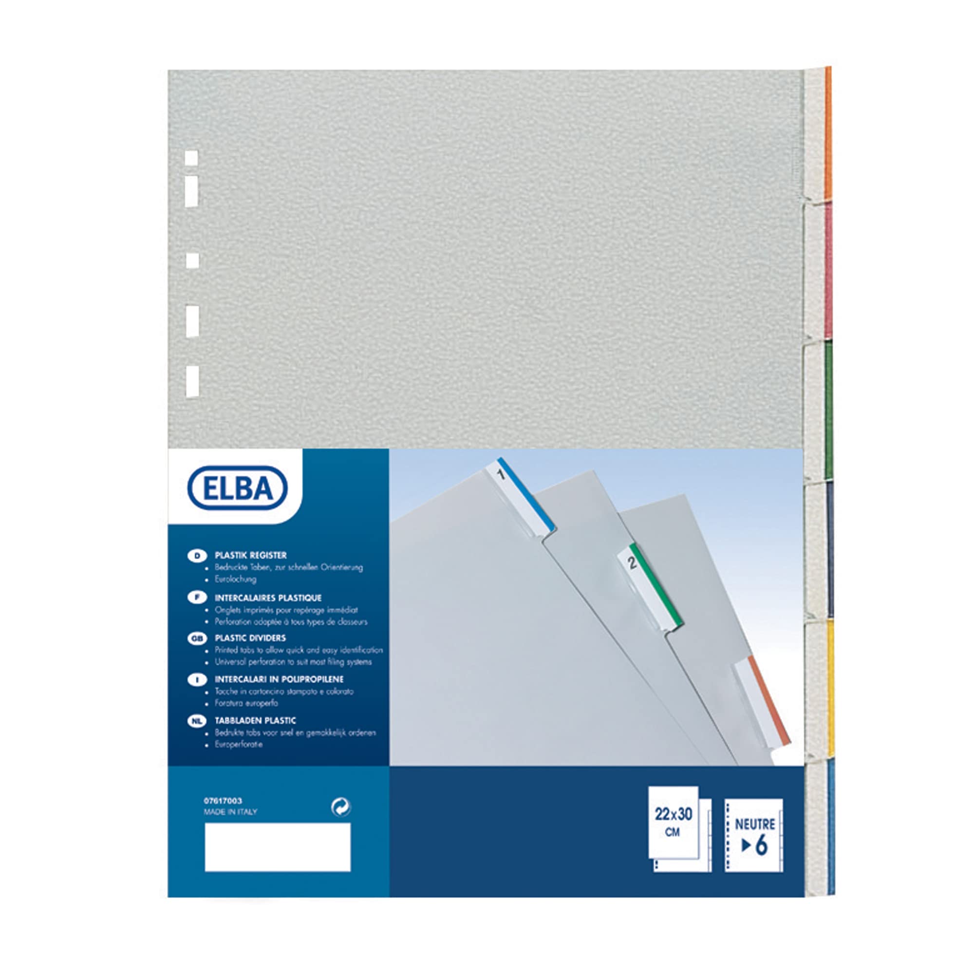 Favorit 400006687 Divisori con Foratura Universale per Raccoglitori ad Anelli con 6 Tacche Neutre e Cartoncino Stampato, Formato Interno 22 x 30 cm, in Polipropilene (Materia Plastica Atossica