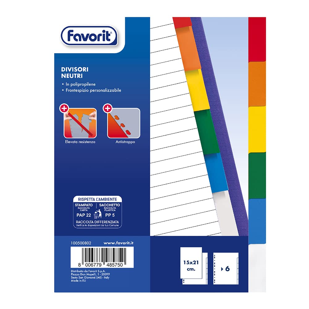 Favorit 100500802 Divisori con Foratura Universale per Raccoglitori ad Anelli con 6 Tacche Neutre Colorate, Formato Interno A5, in Polipropilene (Materia Plastica Atossica