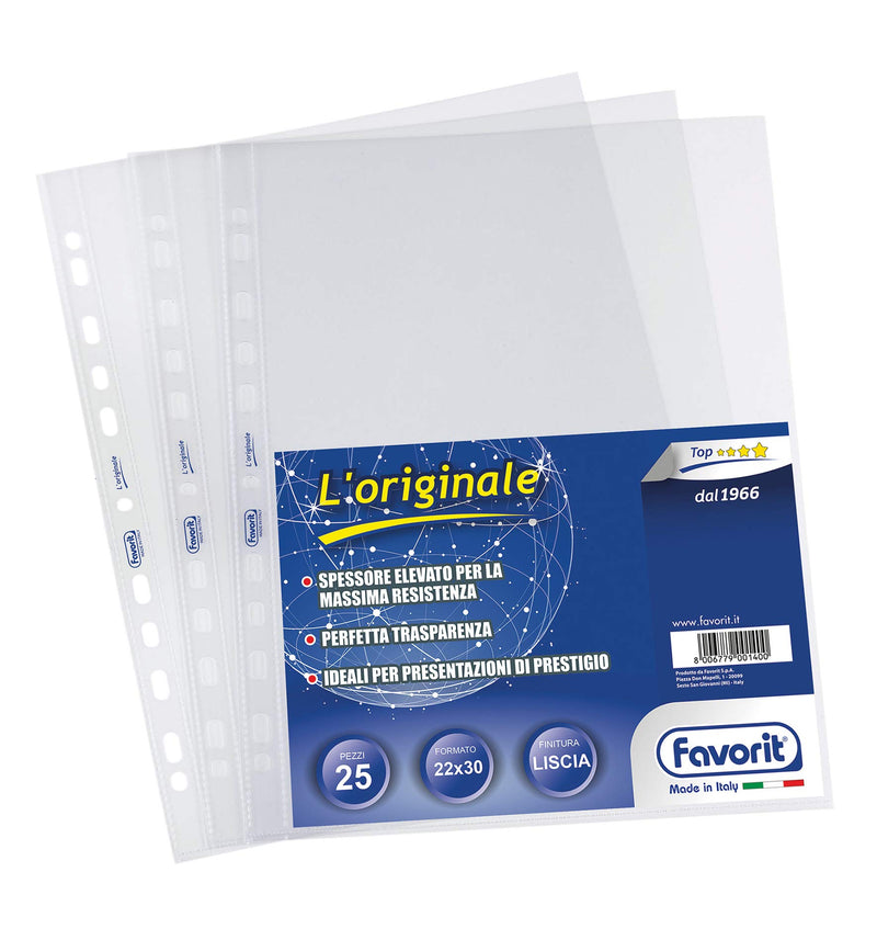 Favorit 100460118 Buste Foratura Universale L'Originale, 25 Pezzi, 22 x 30 cm, Trasparente